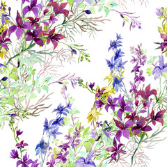 Seamless Pattern of wild flowers, watercolor  image  on a colored background.