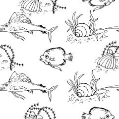 Seamless vector pattern with hand drawn seashells and fishes. Sketch, graphic, design
