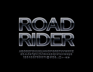 Vector cool logo Road Rider with Black and Silver Font. Glossy Metallic Alphabet Letters, Numbers and Symbols 