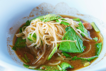Thai flavor style food of boat noodle with black soup