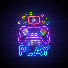 Let's Play neon sign, bright signboard, light banner. Game  logo neon, emblem. Vector illustration © Vladyslav