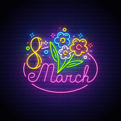 Women Day neon sign, bright signboard, light banner. 8 March logo neon, emblem. Vector illustration