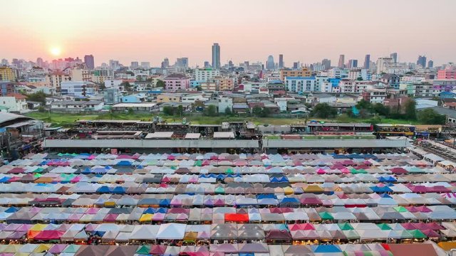 Time lapse Colorful food stalls at Rod Fai Night market, outdoor market, at Bangkok Thailand, Train Night Market Ratchada Bangkok Thailand, FEB 20, 2019.