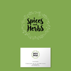 Spices and Herbs logo. Hand-drawn herbs and spices like wreath. Grocery store. Business card.