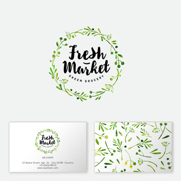 Fresh market logo. Hand-drawn herbs and spices like wreath. Seamless pattern. Business card.