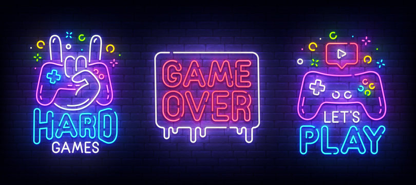 Big set neon sing. Game room label and logo. Gamer banner, emblem and label. Bright signboard, light banner. Vector illustration