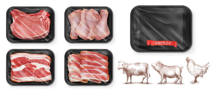 Meat food. Beef, pork, chicken legs. Black polystyrene packaging. 3d vector realistic set. High quality 50Mb eps