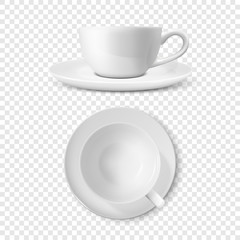 Realistic Vector 3d Glossy Blank White Coffee Tea Cup, Mug Set Closeup Isolated. Design Template of Porcelain Cup or Mug and Saucer Plate for Branding, Mockup. Front view and Top View