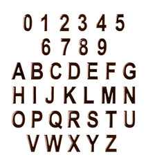 Set of alphabet and numbers made of melted chocolate on white background