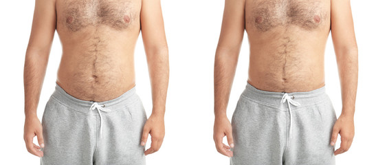 Overweight man on white background, closeup view