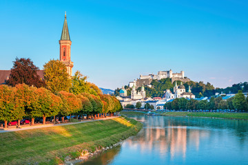 Obraz premium Beautiful view of Salzburg skyline with Festung Hohensalzburg and Salzach river in summer, Salzburg, Austria