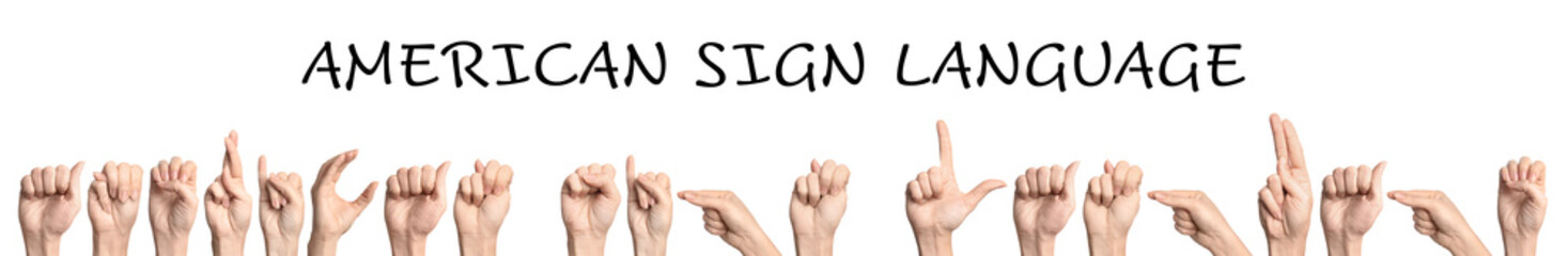 Woman showing phrase American Sign Language on white background