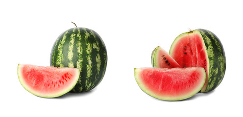 Set of delicious whole and sliced ripe watermelons on white background