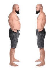 Full length portrait of fat man on white background. Weight loss