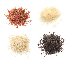 Set with piles of different uncooked rices on white background, flat lay