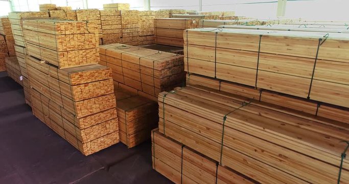 Warehouse timber, large timber warehouse drone video. A large warehouse of timber materials