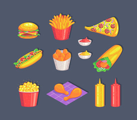 Colorful fast food set isolated on gray background.