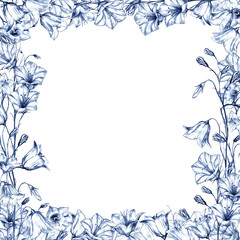 Obraz premium Hand drawn floral square frame with blue and dark blue bluebell flowers on white background