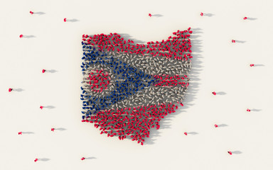 Large group of people forming Ohio flag map in The United States of America in social media and community concept on white background. 3d sign symbol of crowd illustration from above gathered together - obrazy, fototapety, plakaty