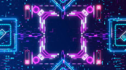 Neon glow cyber background. Futuristic hud concept. Circuit board style