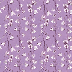 Hand drawn floral seamless pattern background with pink and white graphic bluebell flowers on dust pink craft paper background