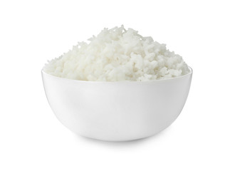 Bowl of boiled rice on white background