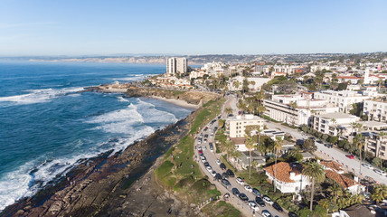 View of the coast from above via drone in La Jolla, California