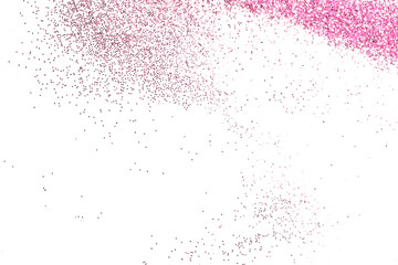 Pink glitter on white background, top view