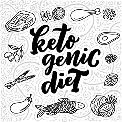 Zelfklevend Fotobehang Sketch lettering with keto diet doodle elements for concept design. Hand drawn illustration. Food for Ketogenic © Artlana