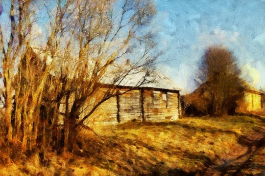 Village house and nature motifs. Beauty spring landscape. Oil painting original wall art print in large size for interior design decor. Impressionism modern pictorial. Contemporary drawing on canvas.
