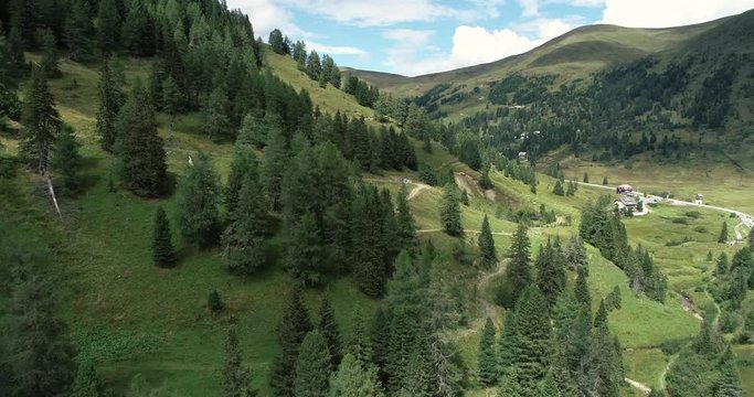 Aerial Drone flight in summer over mountain stream in the Nockberge mountains in the Thunder Gorge, Donnerschlucht, in Carinthia in innerkrems, lungau, schoenfeld