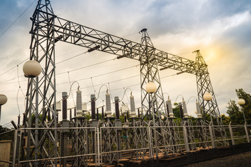 High voltage transformers and electric converters equipment in switchyard of hydroelectric power...