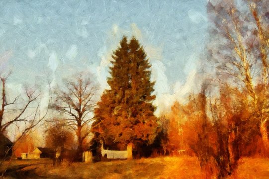 Impressionism oil painting on canvas nature landscape motifs wall art print. Countryside beauty. Village. Contemporary artwork for creating poster, stationery, postcard. Watercolor fine modern drawing