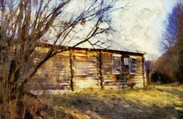 Obraz premium Village house and nature motifs. Beauty spring landscape. Oil painting original wall art print in large size for interior design decor. Impressionism modern pictorial. Contemporary drawing on canvas.