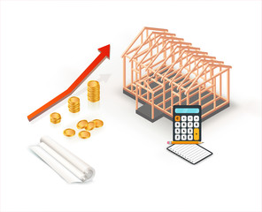 Isometric real estate property sale or investment concept with graph. Timber frame house building with blueprint. Vector illustration