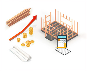 .Building of energy efficient wooden house. Ecology friendly construction project with red graph, calculator and rolled plan. Vector illustration