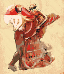 Spanish dancers. An hand drawn vector illustration. Engraving. - obrazy, fototapety, plakaty