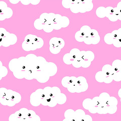 Seamless Repeating Vector Pattern Kawaii Clouds on Pink Background