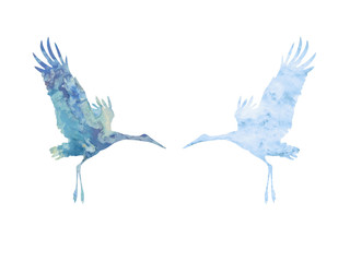 Fototapeta premium Watching hand painted sky through storks. Silhouette of two flying birds isolated on white