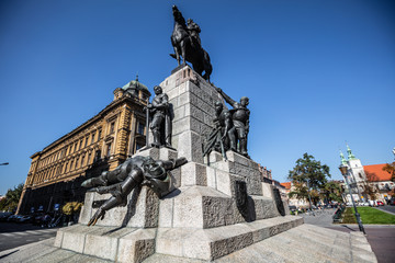 Battle of Grunwald monument and Tomb of the Unknown Soldier on  Matejko Square in Krakow, Poland