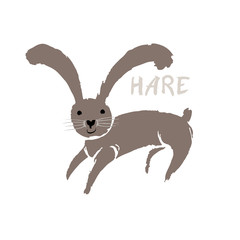 Hare. Hand drawn funny cartoon character steppe hare. Vector illustration with inscription.