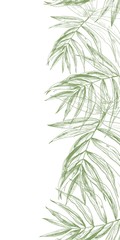 Vertical summer jungle seamless background with a border made of green tropical palm leaves and place for text. Seasonal hand drawn in ink realistic engraving like vector illustration.