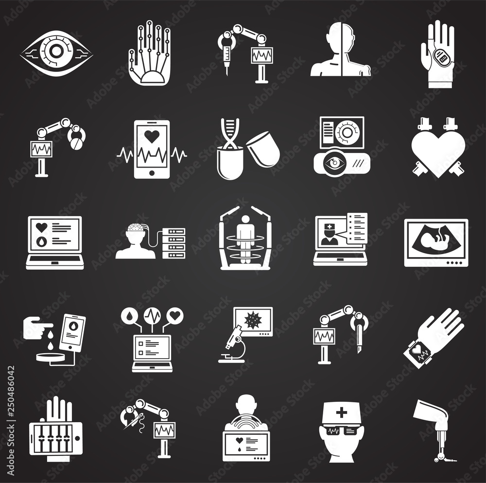 Poster future medicine icons set on black background for graphic and web design, modern simple vector sign.
