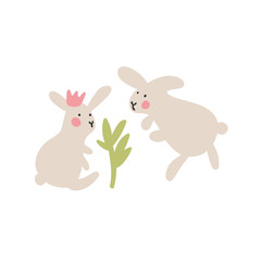 Obraz na płótnie Canvas Adventures of Easter bunnies. Two Easter bunnies protect the plant. First date. The idea for postcards, holiday decorations. Easter design elements in minimalistic vector style. Illustrations for kids