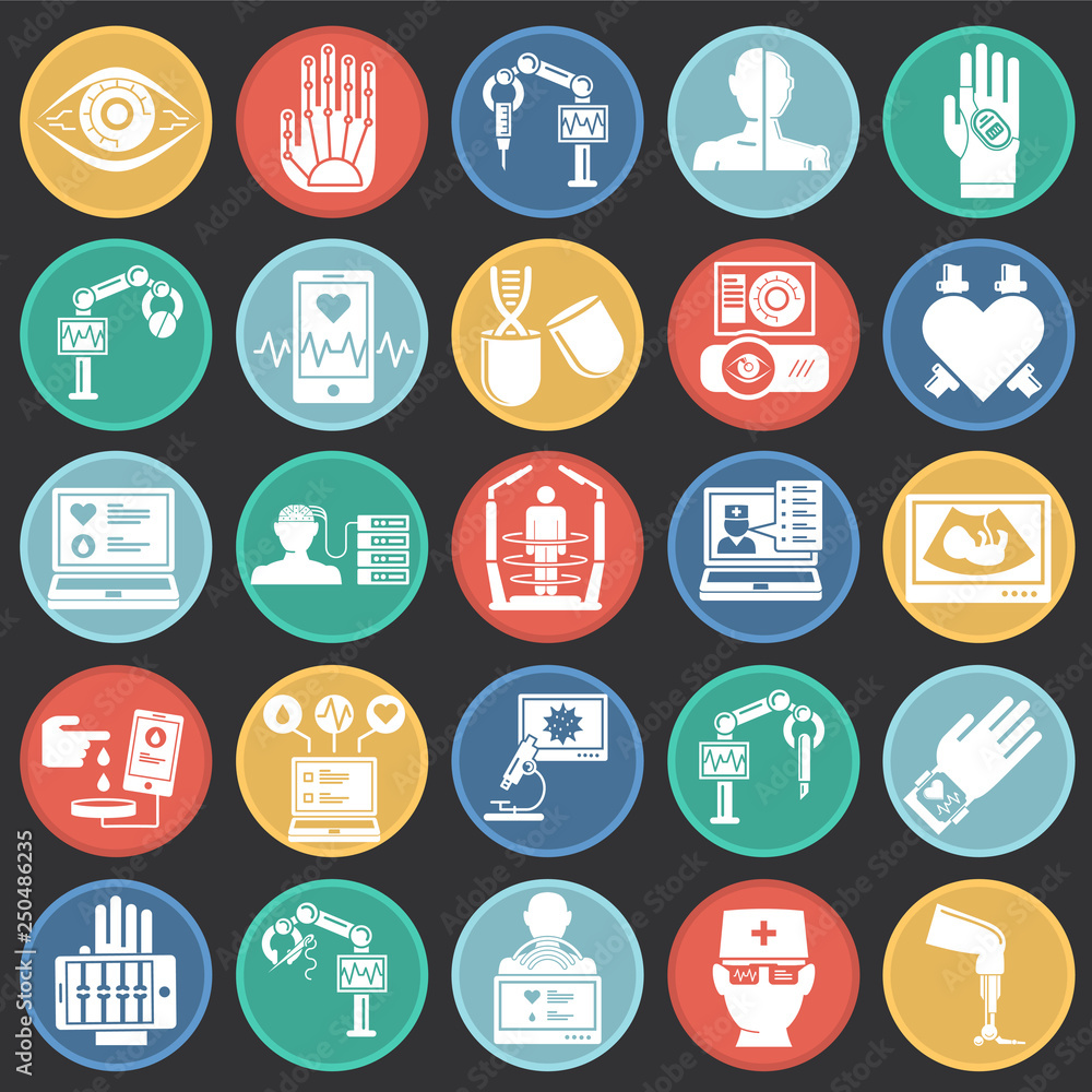 Poster future medicine icons set on color circles black background for graphic and web design, modern simpl