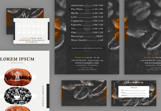 Menu and Gift Card Layout Set with Coffee Bean Elements