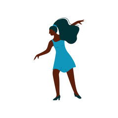 Beautiful African American Girl Dancing Wearing Blue Short Dress, Female Dancer Character Vector Illustration