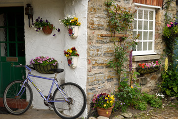 Fototapeta na wymiar Stone house with streetside garden and bicycle at front door Holy Island of Lindisfarne Northumberland England UK