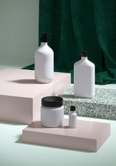 Cosmetic background for product  presentation. Bottle on green terrazzo and pink podium with green color curtain scene.  Fashion magazine illustration. 3d render illustration.
