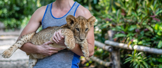 caucasian man holding baby lion in Guatemalan zoo